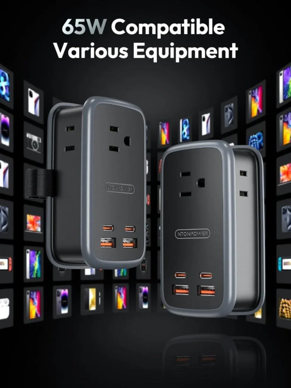 65W USB Fast Charging Station - 7-in-1 Travel Power Strip, 3 Outlets & 4 USB